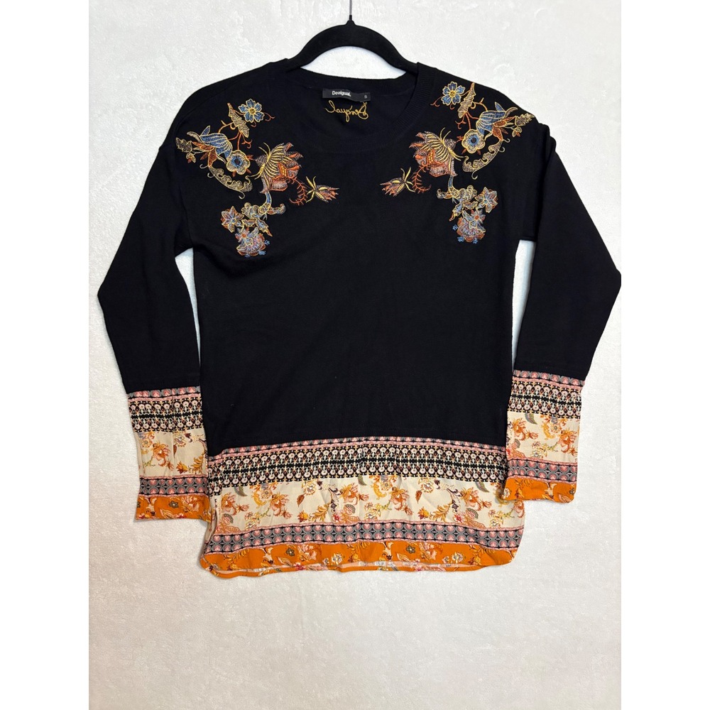 Desigual contrast hem Black Embroidered Mixed‎ Media Boho Floral Layered Sweater